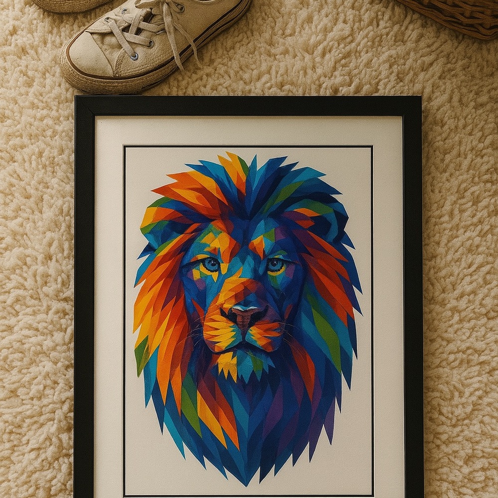 Rainbow Lion Framed Wall Art 16x20 Geometric Bold